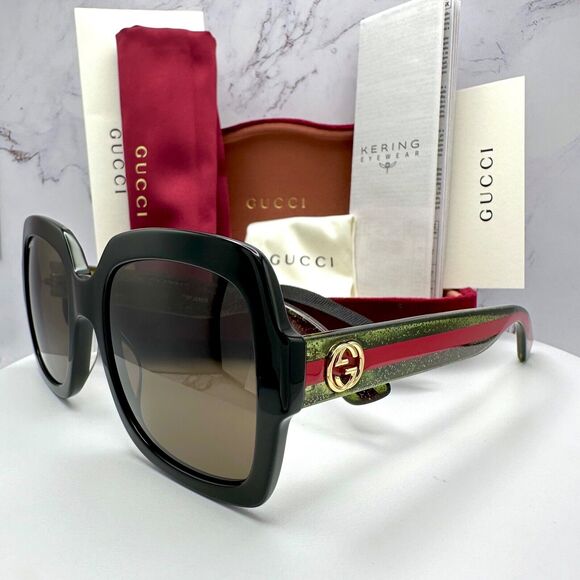 CLASSY New Gucci Sunglasses Black Square Red Green Web Arms Gold Metal GG Logo - Picture 1 of 16